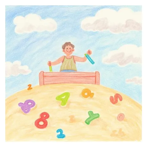A pencil sketch of a child playing in a sandbox on a beautiful day. His toys are brightly colored numbers and symbols.
