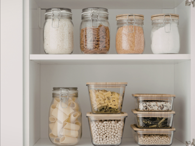 A pantry that is organized and full.