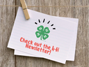 Clothes pin holding a notecard that says 'check out the 4-H newsletters.'