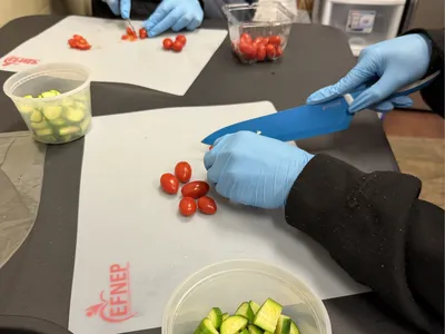 participants cutting vegetables on cutting board
