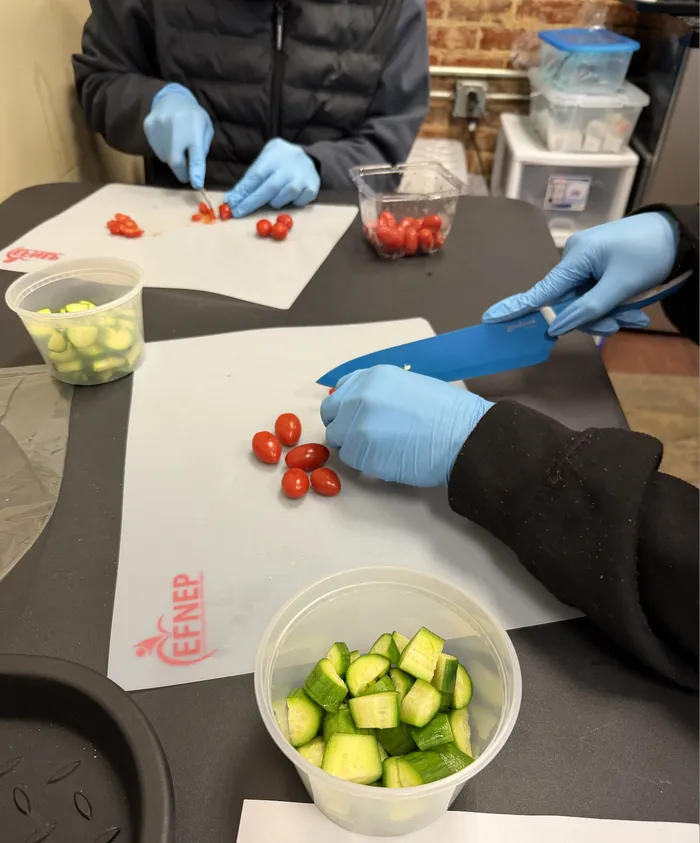 participants cutting vegetables on cutting board