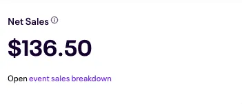Screenshot showing Net Sales $136.50 from Eventbrite Dashboard