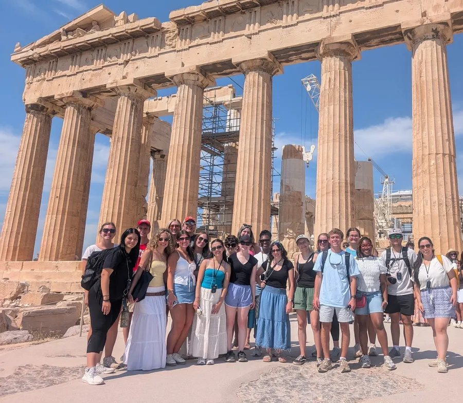 The Parthenon’s ancient columns provided the perfect setting for a group picture ofNC State’s 2026 SEE Inside Greek Agriculture Scholars.