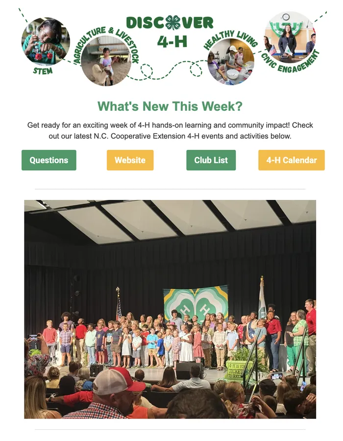 Discover 4-H newsletter with STEM, farming, cooking photos, resource buttons, and a group stage photo.