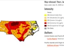 Map of NC counties highlighted different colors to depict the various stages of drought.