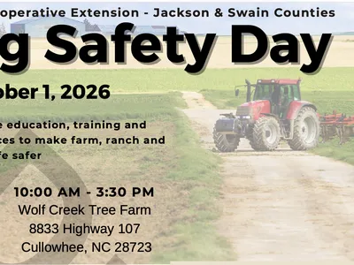 Ag Safety Day
Ag Safety Day
October 1, 2026
10:00 AM - 3:30 PM
Wolf Creek Tree Farm
8833 Highway 107
Cullowhee, NC 28723