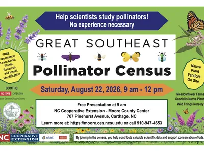Flyer for the Great Southeast Pollinator Census on Saturday, August 22, 2026, from 9:00 a.m. to 12:00 p.m. at the NC Cooperative Extension Moore County Center, 707 Pinehurst Avenue, Carthage, NC. Features a free presentation at 9:00 a.m., educational boot