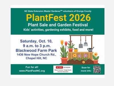 Mark your calendar for PlantFest 2026, the annual plant sale and garden festival hosted by the
NC State Extension Master Gardener SM  volunteers of Orange County.
PlantFest is on Saturday, Oct. 10, 9 a.m. to 3 p.m., at Blackwood Farm Park, Chapel Hill.