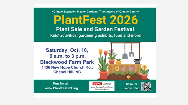 Mark your calendar for PlantFest 2026, the annual plant sale and garden festival hosted by the
NC State Extension Master Gardener SM  volunteers of Orange County.
PlantFest is on Saturday, Oct. 10, 9 a.m. to 3 p.m., at Blackwood Farm Park, Chapel Hill.