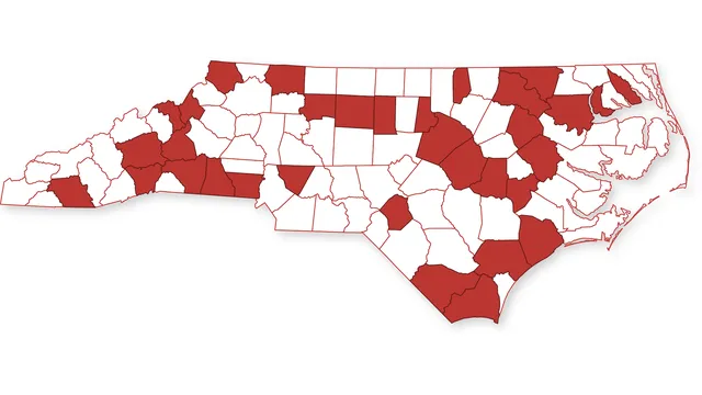 Map of counties in North Carolina EFNEP has and educator in