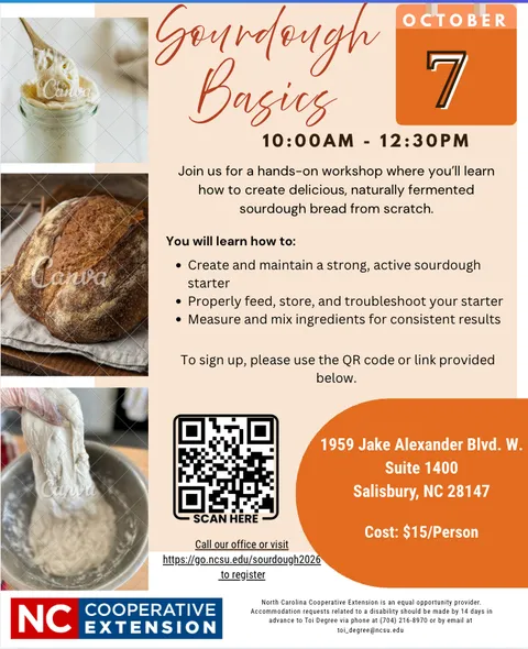A jar of sourdough started with a spoon, a loaf of bread, and someone doing stretch and folds.