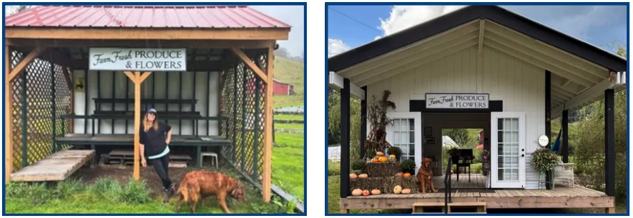 Left - Springhouse Farm Farmstand before Hurricane Helene. Right - the newly built farmstand at Springhouse Farm
