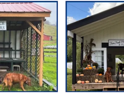 Left - Springhouse Farm Farmstand before Hurricane Helene. Right - the newly built farmstand at Springhouse Farm