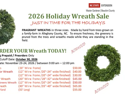 2026 Christmas Wreath Sale ends 10/30. Pick-up on 11/23-24.