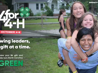 Information about $4 for 4-H - North Carolina 4-H NC State Extension with random youth being silly.