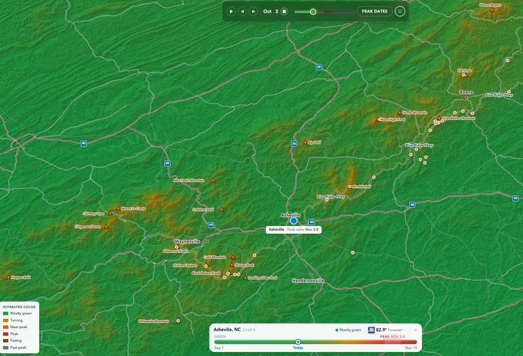 Topographical overview of WNC showing where leaf color is starting to emerge. Cities are listed and areas go from green, to yellow, to orange to red in progression of when leaf color is peak.