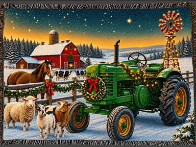 Holiday blanket with a tractor.