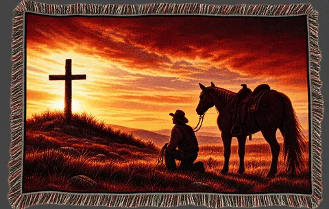 Sunset and a cross with a man kneeling with his horse.