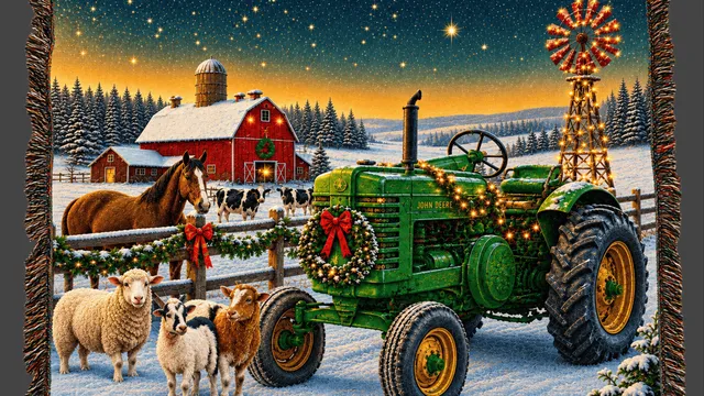 Holiday blanket with a tractor.