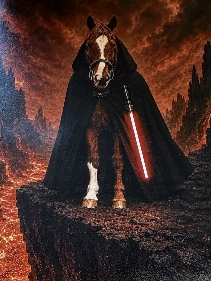 Senior Digitally Enhanced Photo Champion- Ryan Ljunggren. Horse with cape and lightsaber.