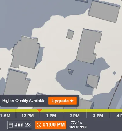 map showing shade patterns at one pm with shade on the south side of the structure