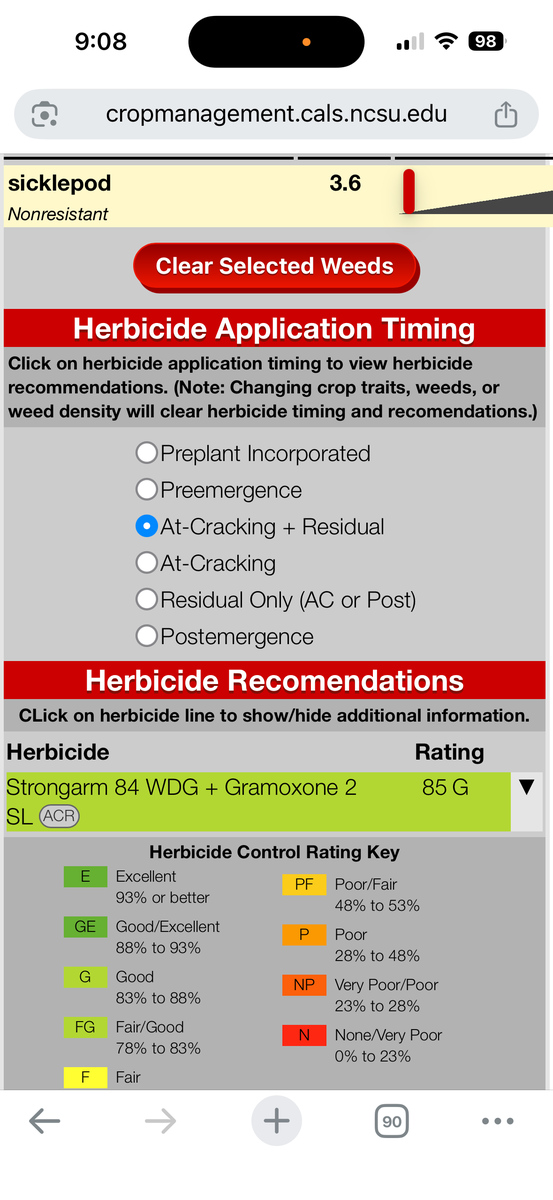 Recommendation from Herbicide Selection Tool for Cracking Stage plus Residual for Sicklepod Control