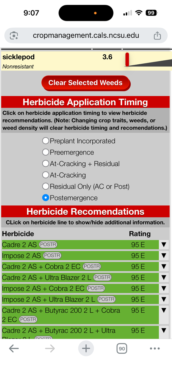 Recommendation from Herbicide Selection Tool for POST Sicklepod Control