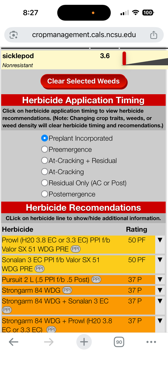 Recommendation from Herbicide Selection Tool for PPI Sicklepod Control