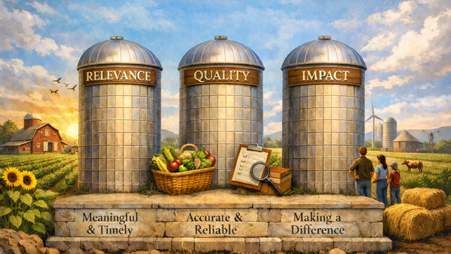 A farm with 3 silos depicting the terms relevance, quality, and impact.