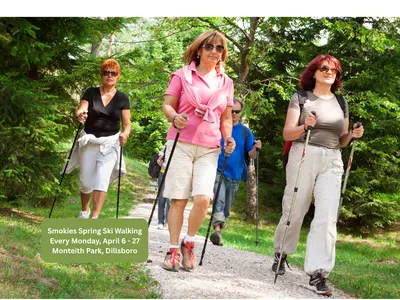 Participants walking with Ski walking poles on a trail in springtime.