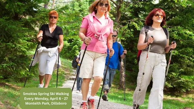 Participants walking with Ski walking poles on a trail in springtime.