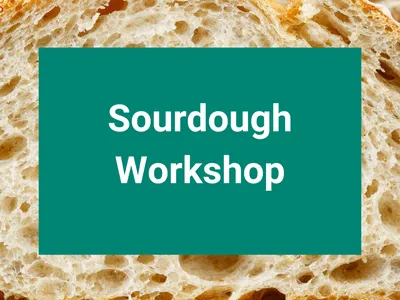 Sourdough Workshop over a red background over a slice of bread background