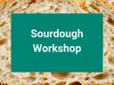 Sourdough Workshop over a red background over a slice of bread background