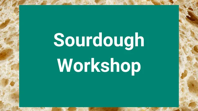 Sourdough Workshop over a red background over a slice of bread background