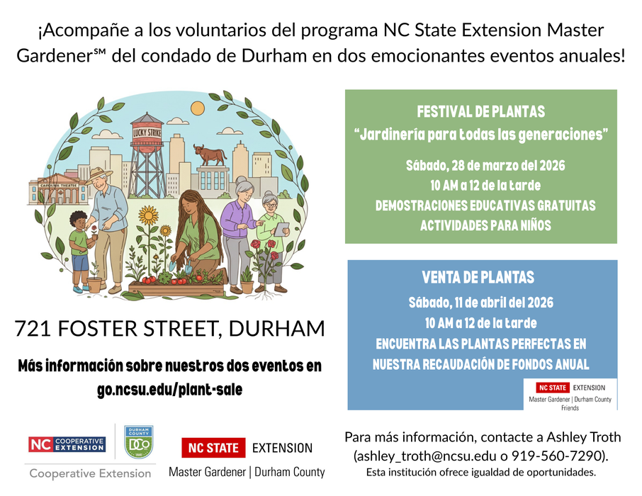 Festival with illustration of gardening in Durham, includes date / time details for Plant Festival and Sale. Text in Spanish