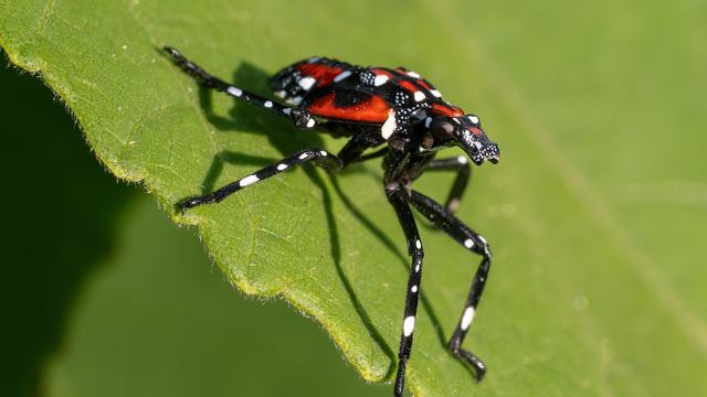 Red, black, and white fourth instar spotted lanternfly nymph.