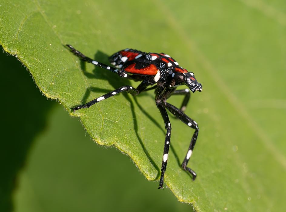 Red, black, and white fourth instar spotted lanternfly nymph.