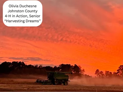 A combine harvester moves across a field at sunset, kicking up dust beneath a dramatic orange-red sky, with dark tree silhouettes along the horizon.