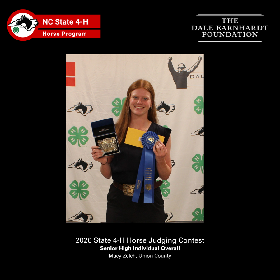 2026 Senior Horse Judging high individual award recipient with their ribbons in front of the NC 4-H Horse Program picture backdrop.