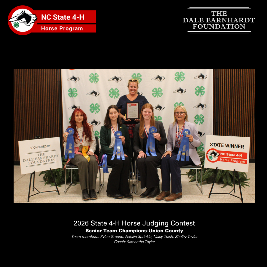 2026 Senior Horse Judging Team champions with their ribbons in front of the NC 4-H Horse Program picture backdrop.