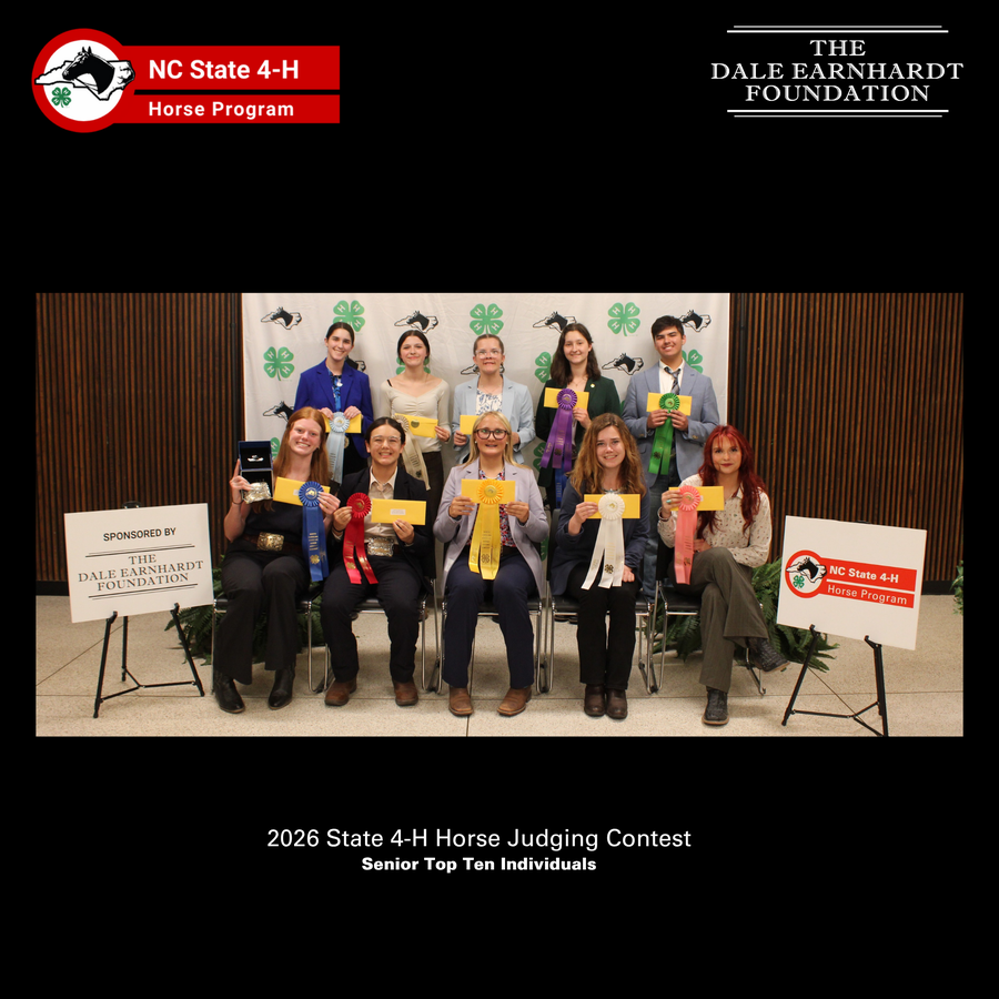 2026 Senior Horse Judging Top Ten award recipients with their ribbons in front of the NC 4-H Horse Program picture backdrop.