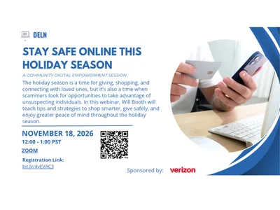 A close up photo of hands holding a device and credit card are accompanied by text describing details of online event regarding awareness of privacy and security while holdiay shopping