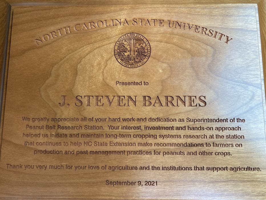 Plaque presented to Steve Barnes at 2021 NC Peanut Field Day