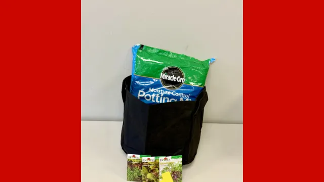 Black 5-gallon grow bag filled with potting mix and a bag of potting soil, displayed with vegetable seed packets and a small planting tool provided to participants in the Seed to Supper gardening program
