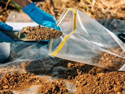 A person wearing blue gloves uses a hand trowel to collect soil and place it into a clear plastic sample bag in an outdoor setting.