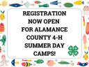 "Registration now open for Alamance County 4-H Summer Day Camps!" with a fish border.