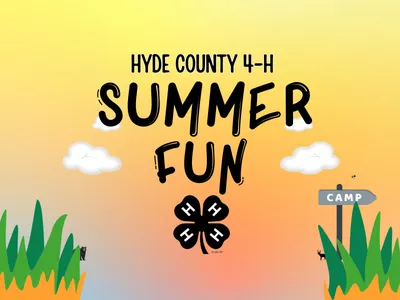 Hyde County 4-H Summer Fun promotional flyer with clouds, black 4-H clover, bear, deer, and camp sign.