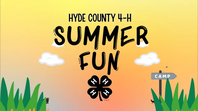 Hyde County 4-H Summer Fun promotional flyer with clouds, black 4-H clover, bear, deer, and camp sign.