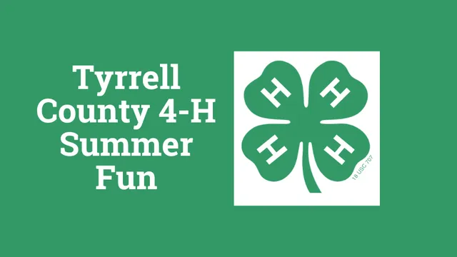 Green background with the text “Tyrrell County 4-H Summer Fun” and a 4-H clover emblem.