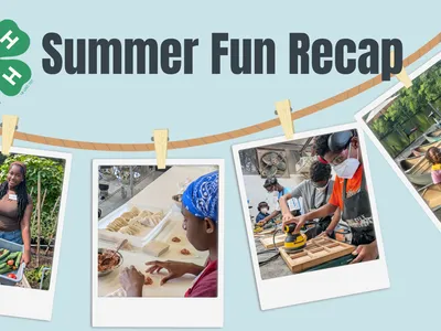 Text Reads "Summer Fun Recap" and it has hanging photo frames with images of campers doing various activities such as gathering vegetables, folding dumplings, sanding wood, and smiling in a canoe.